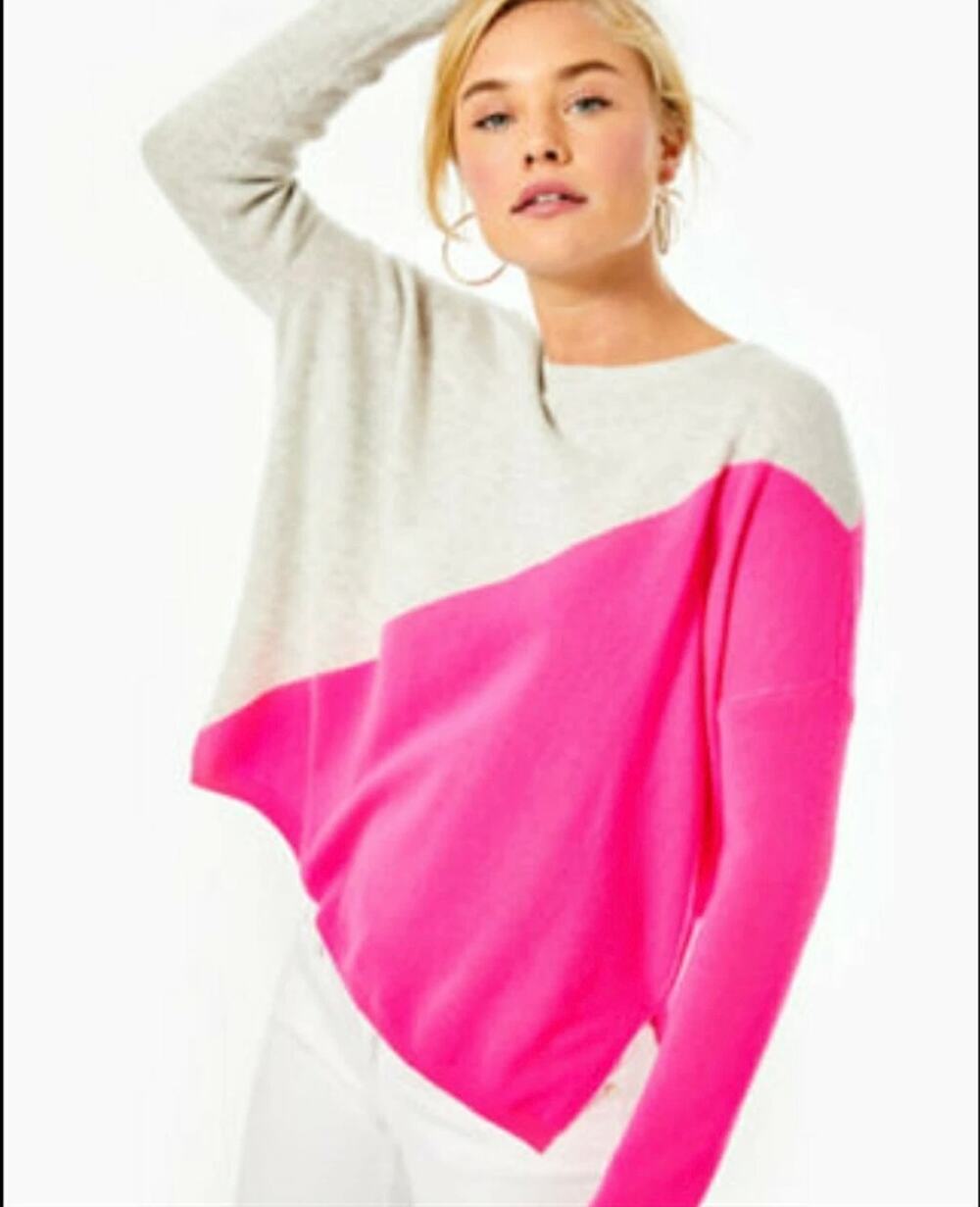Lilly Pulitzer Cashmere Tunic Sweater S/M Pink Gray Colorblock V-Neck Luxe Soft